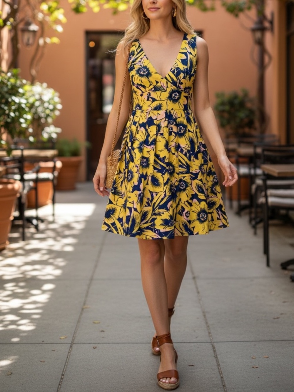 JCREW Yellow Navy Pink Sunflower Floral Print Pique Cotton VNeck Fit Flare Dress